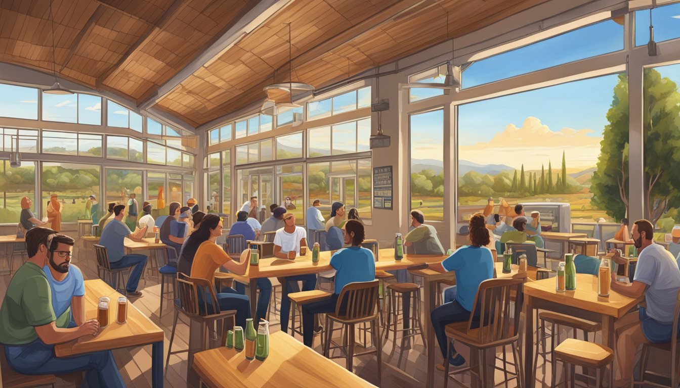 A bustling craft brewery with outdoor seating and a view of the Vacaville landscape. Patrons enjoy locally brewed beer in a vibrant, welcoming atmosphere