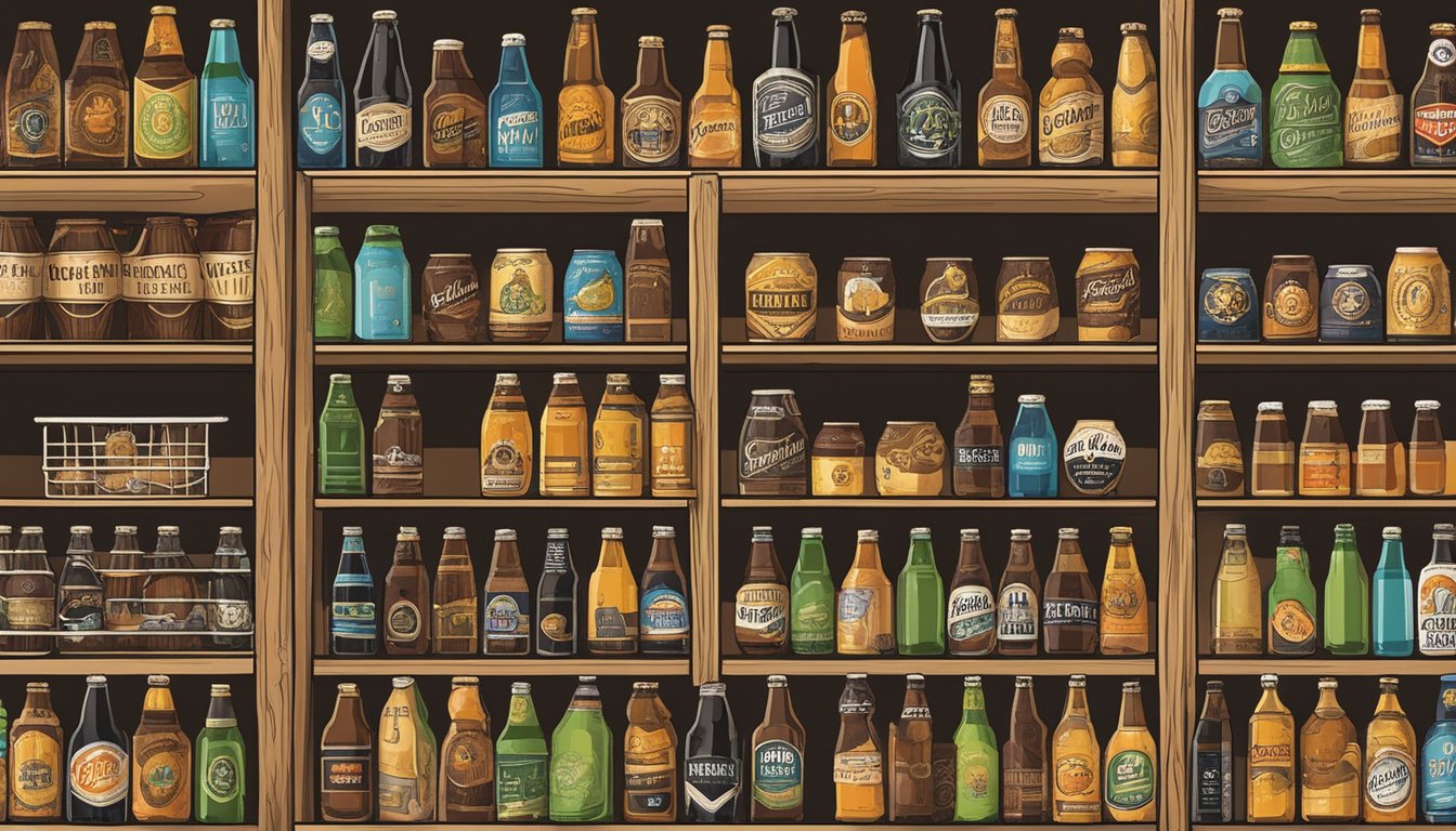 A variety of craft beer bottles and cans displayed on shelves in a local brewery in Thousand Oaks, CA