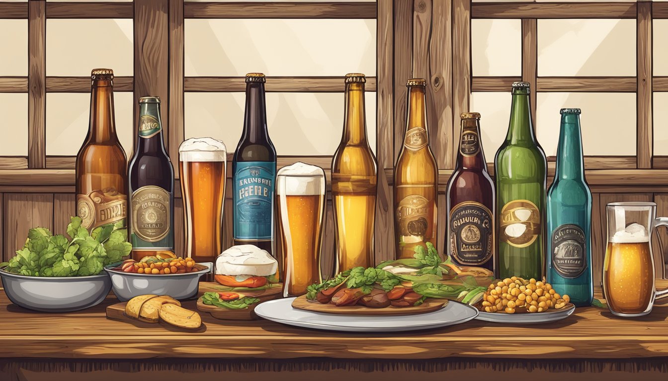 A rustic wooden table set with an array of gourmet dishes and a variety of colorful craft beer bottles and glasses