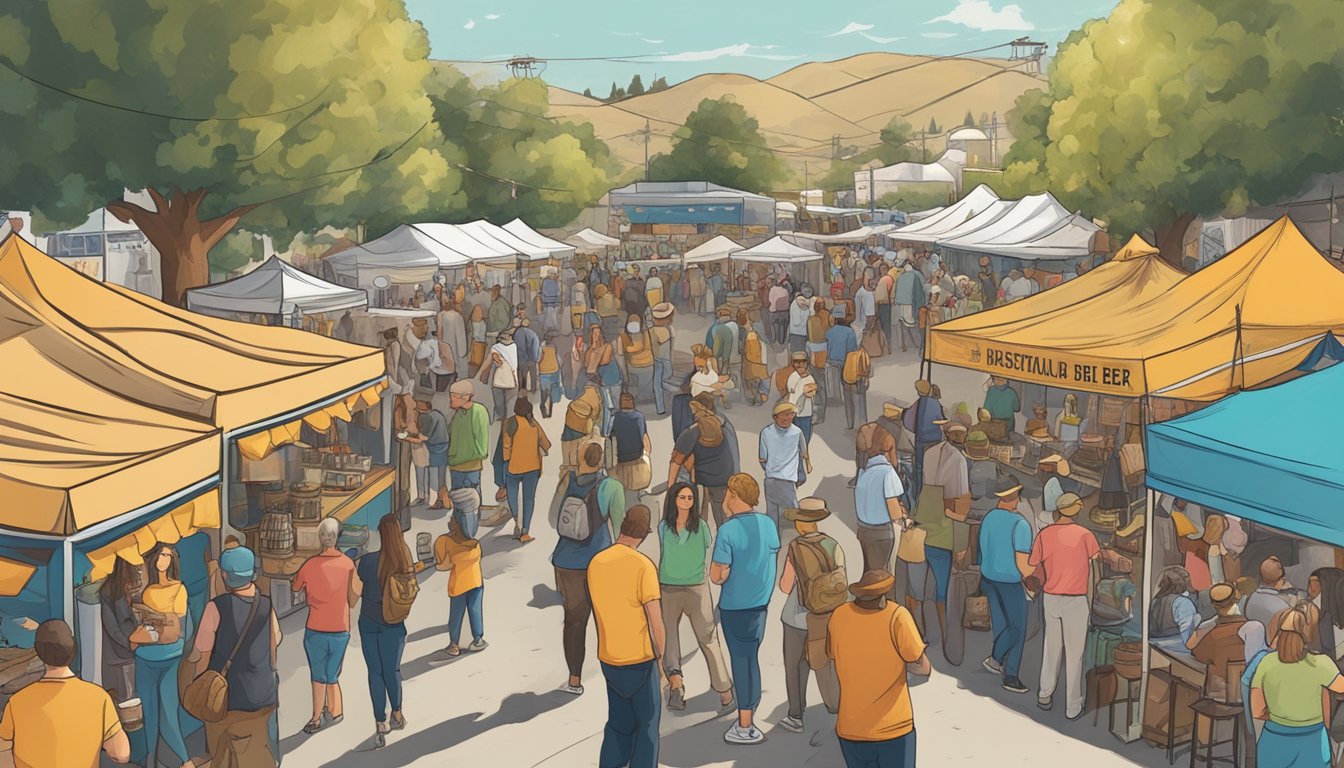 A bustling craft beer festival in Thousand Oaks, CA, with vendors, food trucks, live music, and happy beer enthusiasts mingling