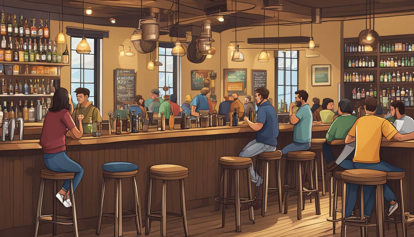 A bustling taproom with a variety of craft beer taps, cozy seating, and a lively atmosphere