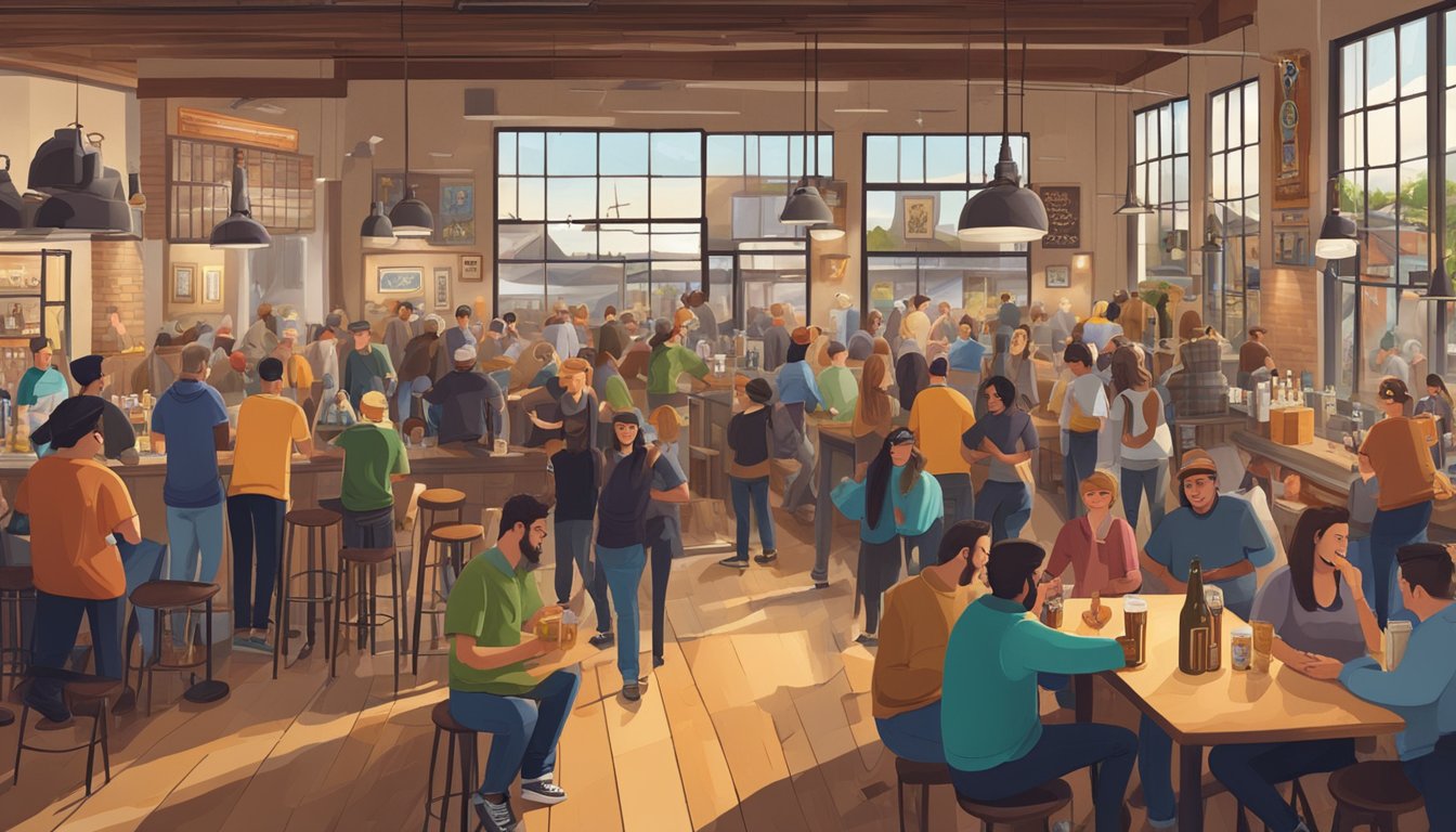 A bustling brewery scene with patrons enjoying local craft beers, live music, and vibrant nightlife in Vacaville, CA