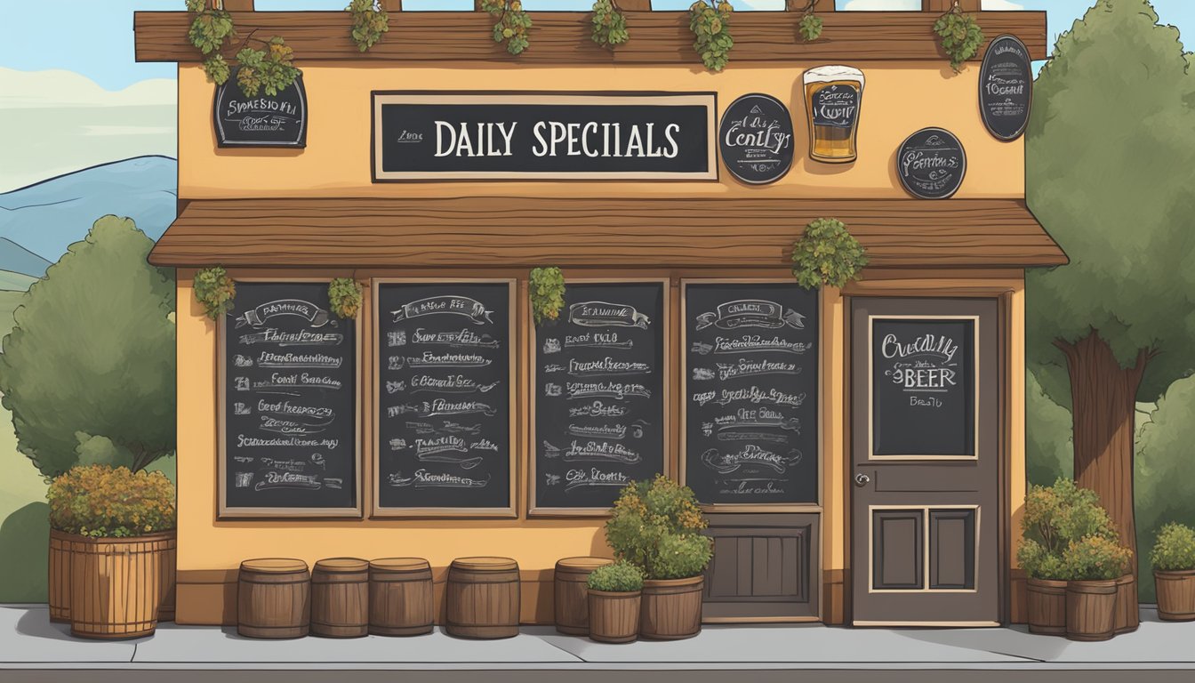 A chalkboard sign outside a cozy pub displays the daily specials and offers for local craft beer in Vacaville, CA