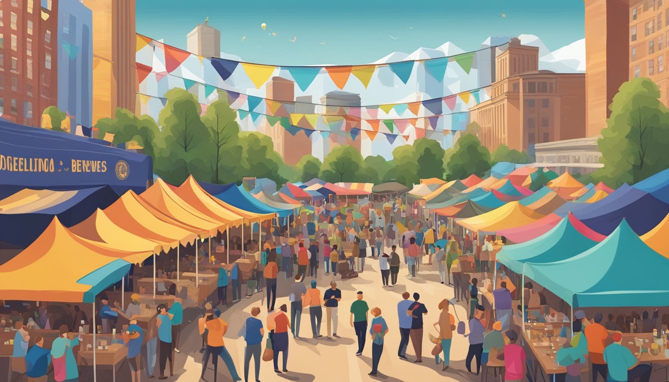 A bustling outdoor festival in Denver, CO, with colorful tents and banners, featuring local craft breweries with people sampling and enjoying the various beers