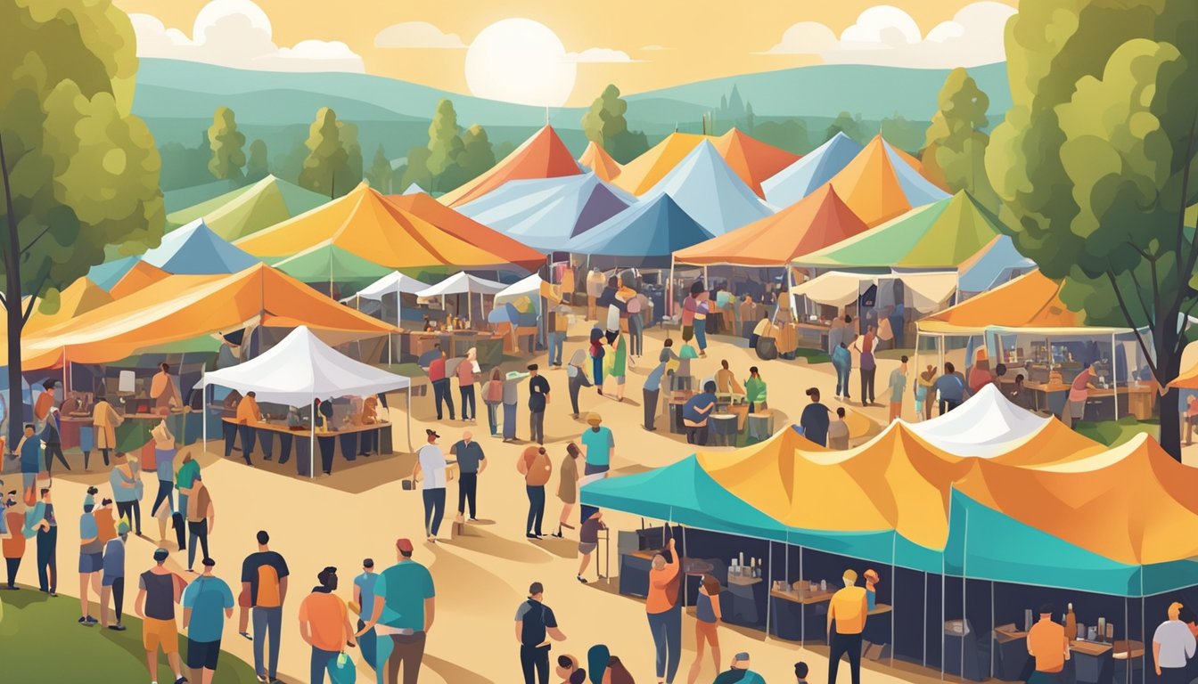 A bustling craft beer festival with colorful tents, live music, and people enjoying tastings in the sunshine