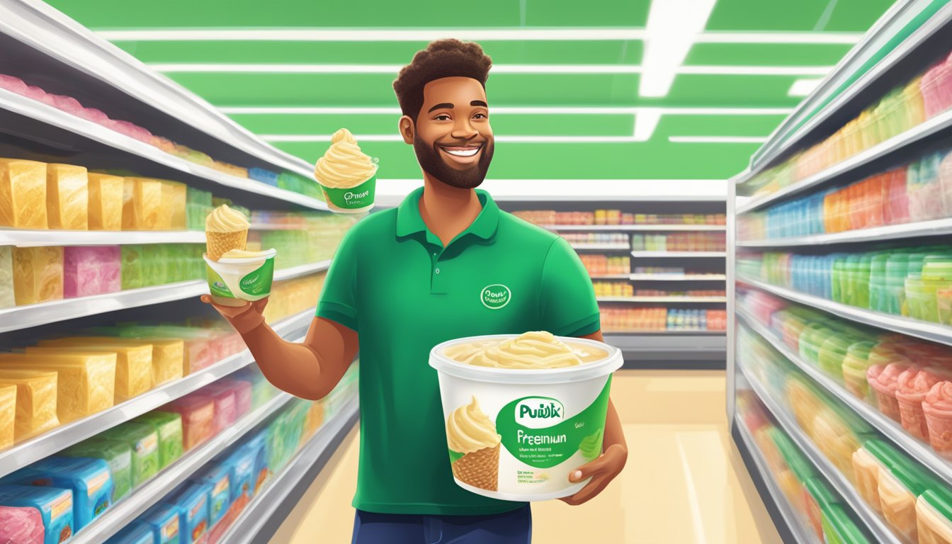 A smiling person holding a tub of Publix Premium ice cream in a brightly lit grocery store aisle