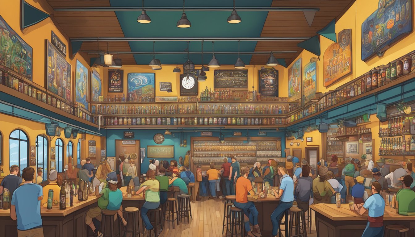 A bustling taproom with patrons sampling various craft beers, surrounded by walls adorned with colorful brewery logos and beer-themed artwork