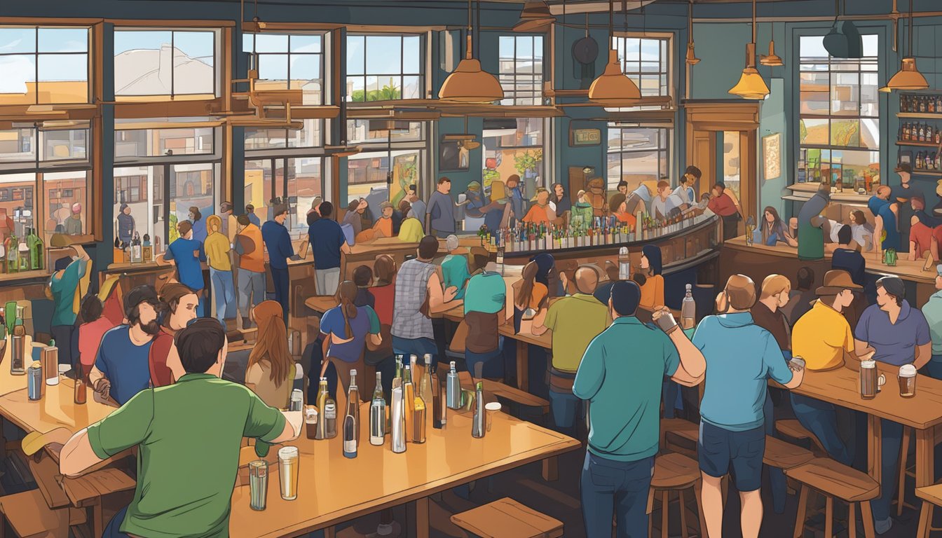 A bustling taproom with colorful beer taps, wooden tables, and people enjoying craft brews in the heart of Denver, Colorado