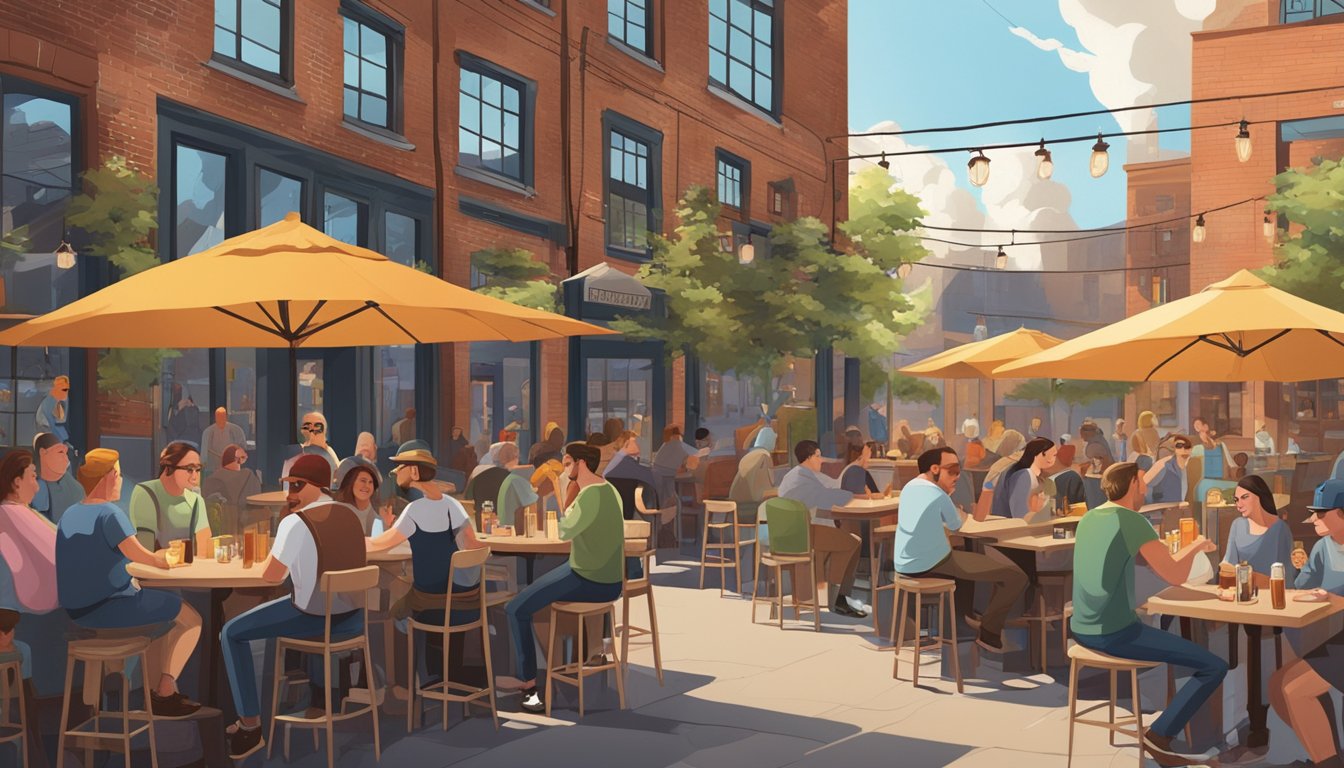 A bustling brewery scene with diverse locals enjoying pints at outdoor tables, surrounded by industrial-chic decor and vibrant murals