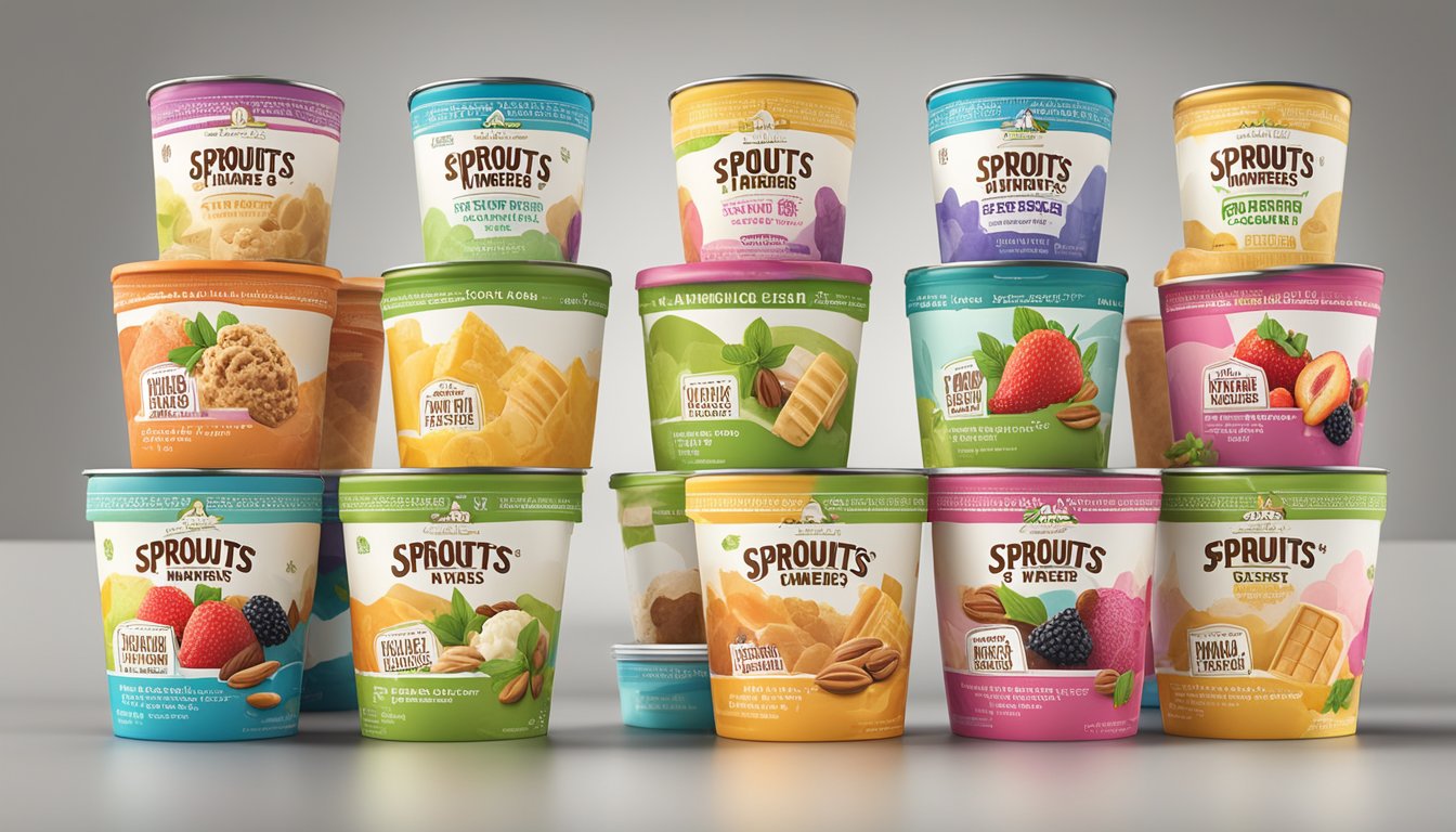 A display of colorful, mouth-watering ice cream pints and bars at Sprouts Farmers Market, with fresh fruit and nuts nearby for topping options