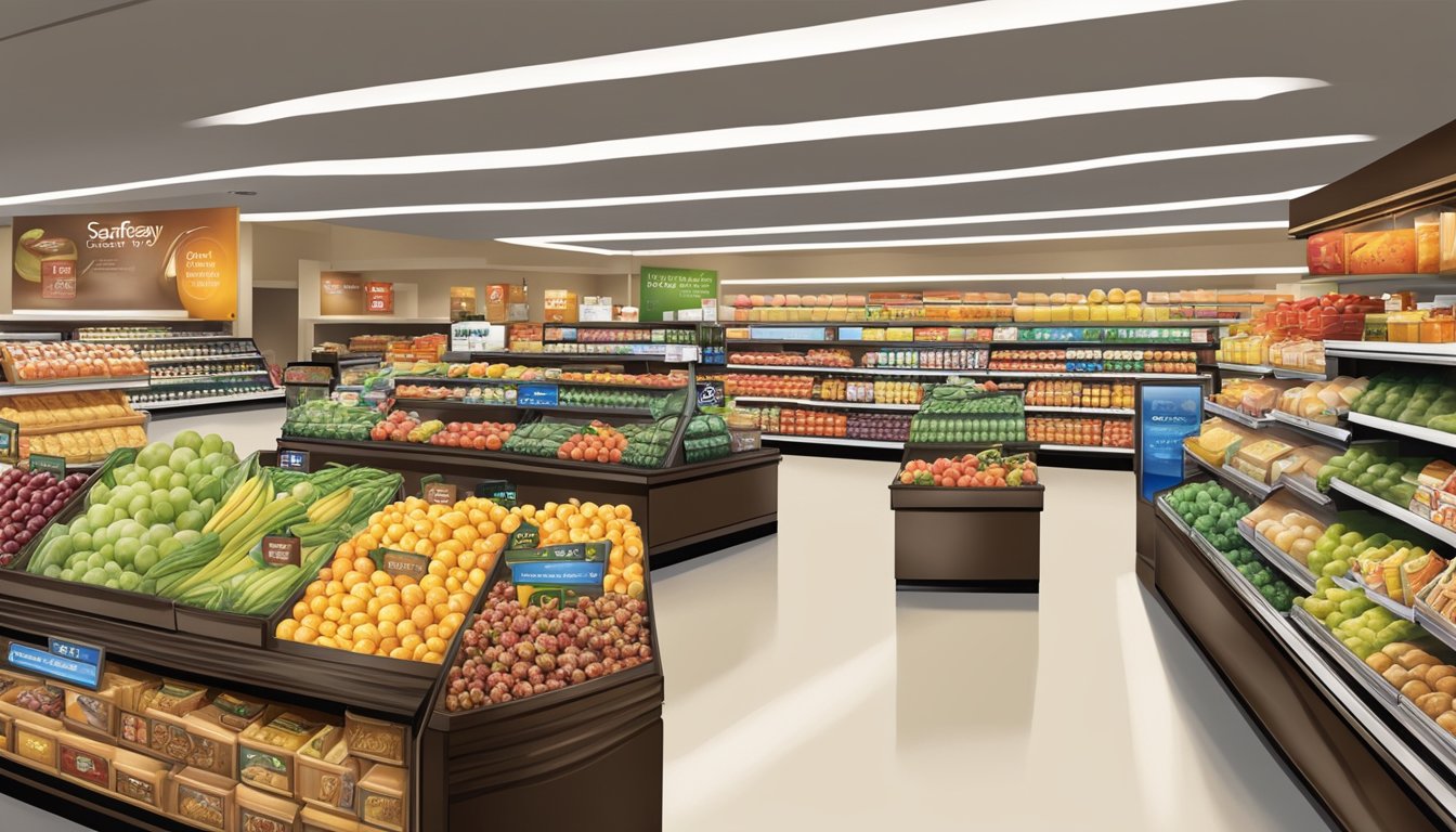 A brightly lit Safeway store with eye-catching displays of special feature groceries and promotional items