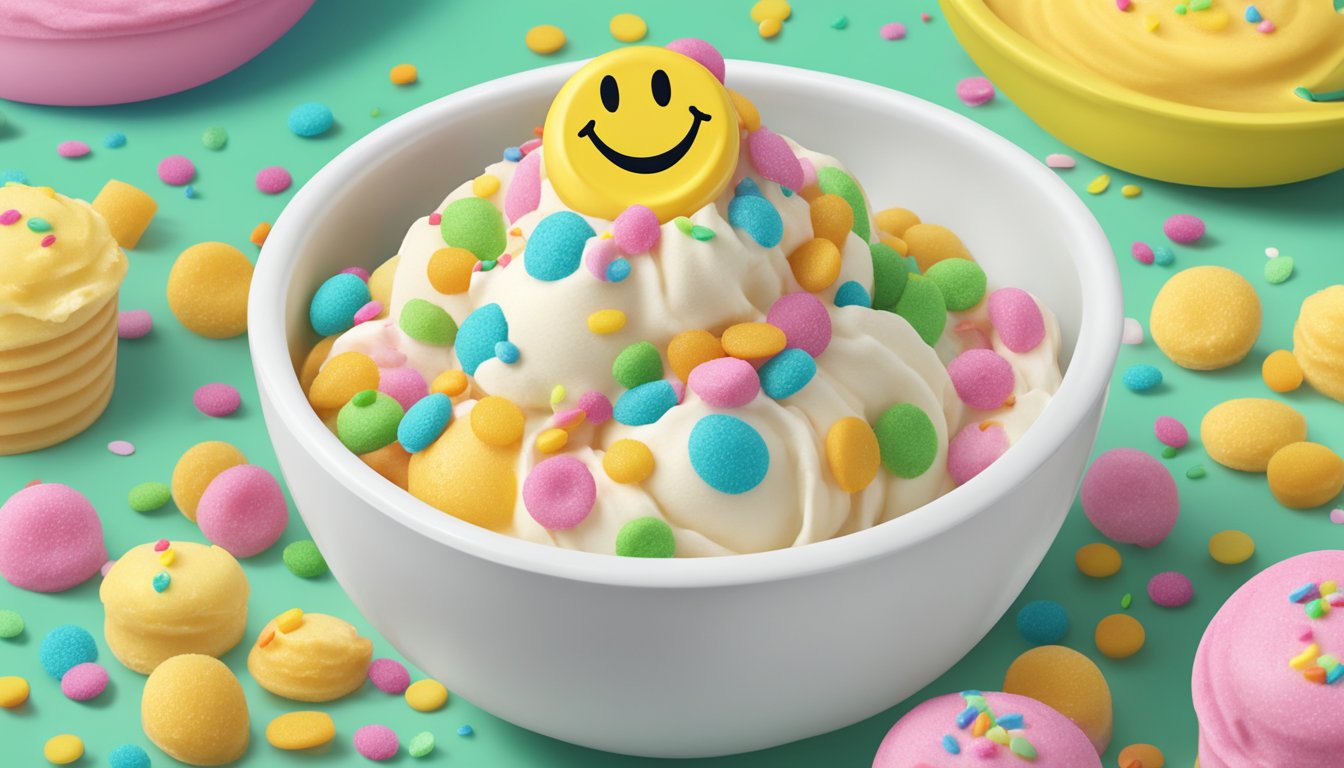 A hand scooping up a generous portion of Publix Premium ice cream into a bowl, with a smiley face made out of colorful sprinkles on top