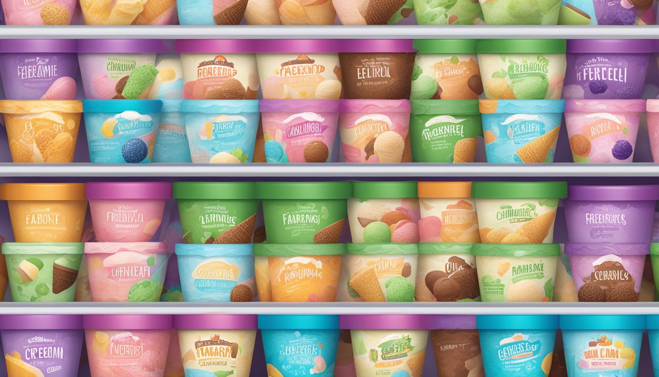 A colorful display of various ice cream flavors arranged in a freezer at Sprouts Farmers Market, with vibrant packaging and enticing textures