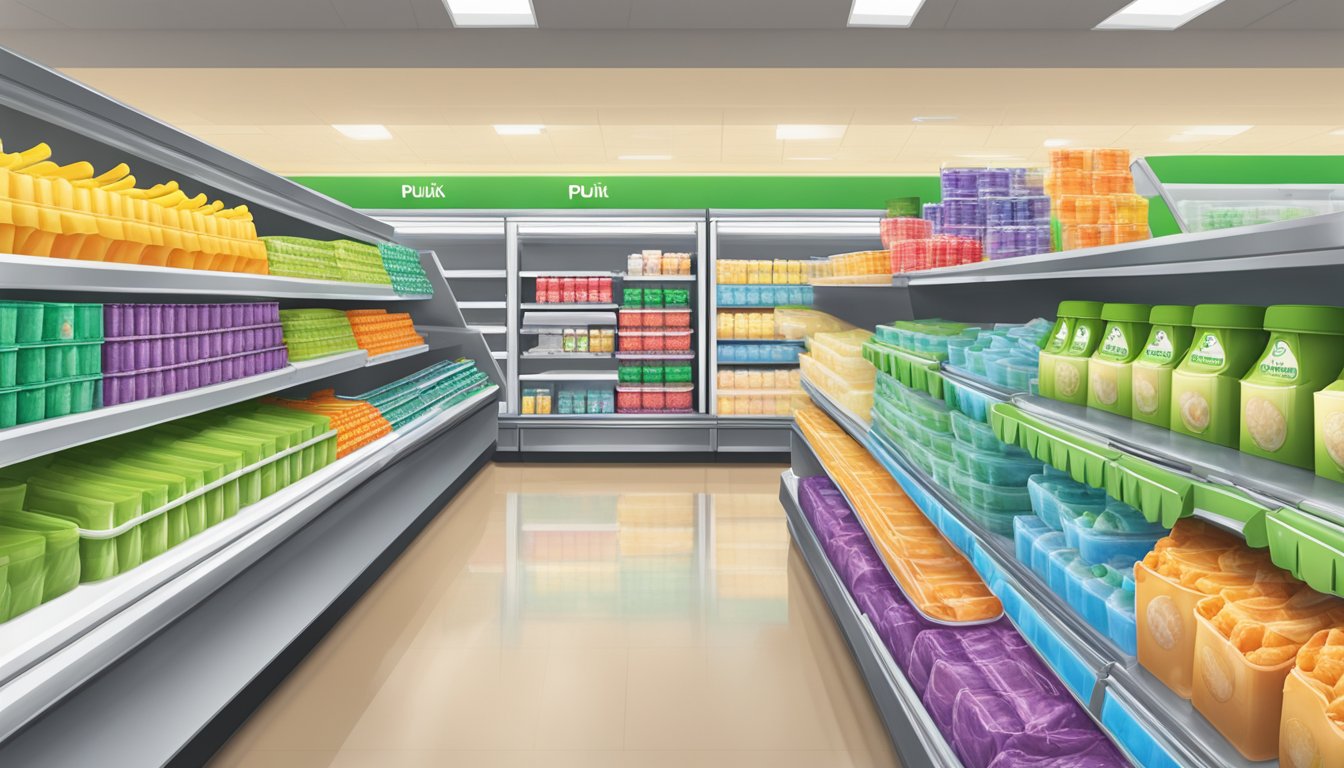 A colorful grocery store aisle with Publix Premium ice cream tubs stacked neatly in a freezer display. Bright, inviting packaging and a clean, organized setting