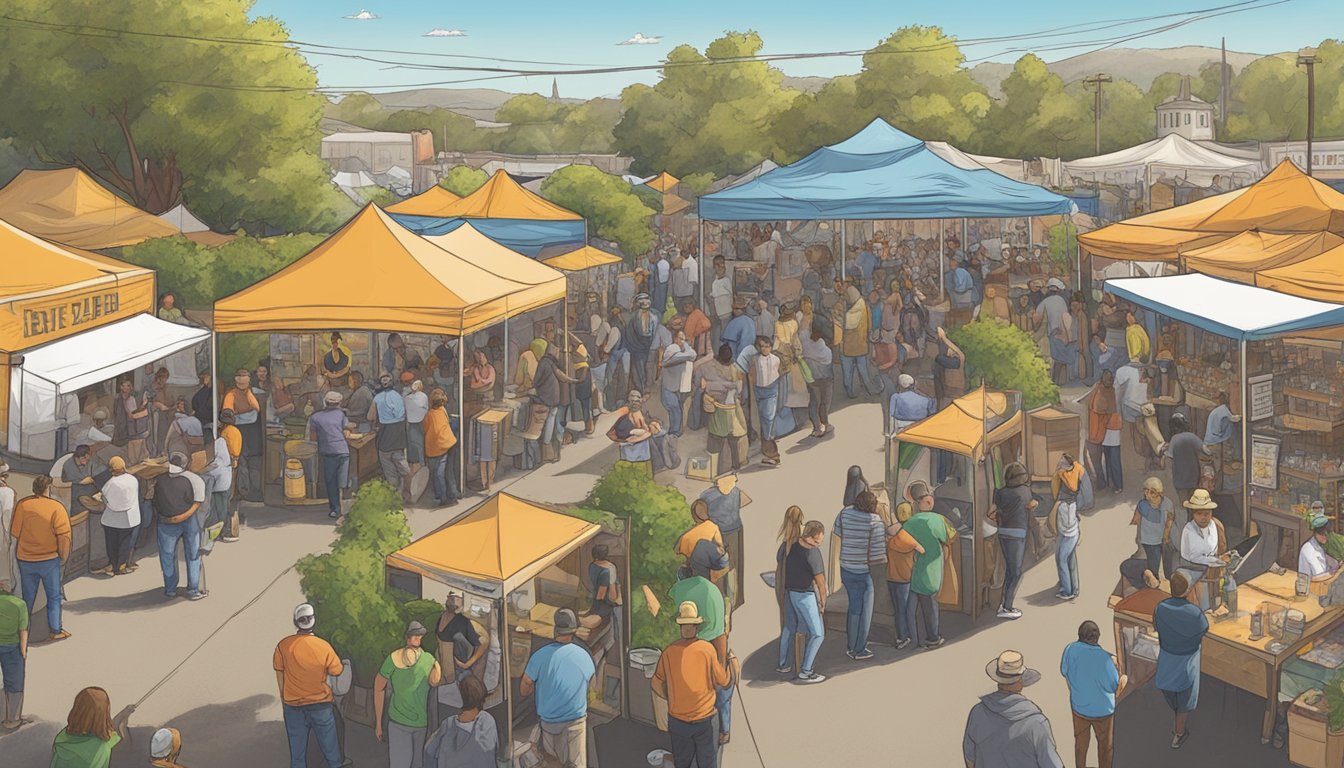 A bustling craft beer festival in Vallejo, CA, with vendors, live music, and enthusiastic community members sampling local brews