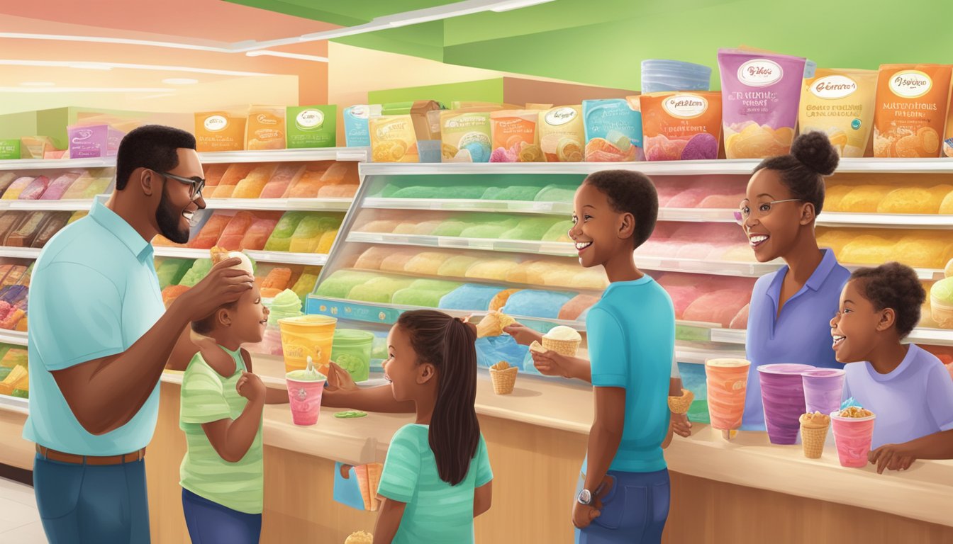 A family enjoying a variety of Publix premium ice cream flavors in a colorful and inviting grocery store setting