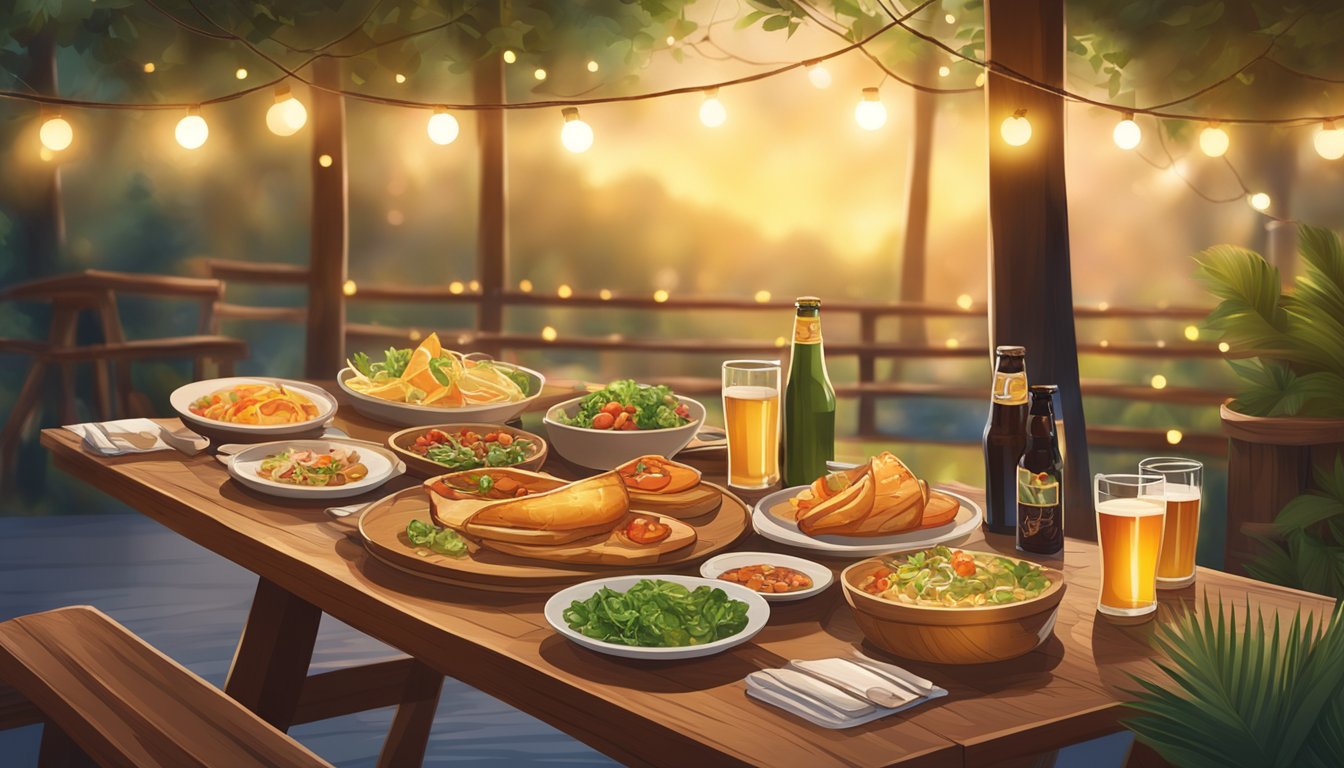 A rustic wooden table set with a variety of gourmet dishes and local craft beers, surrounded by lush greenery and the warm glow of string lights