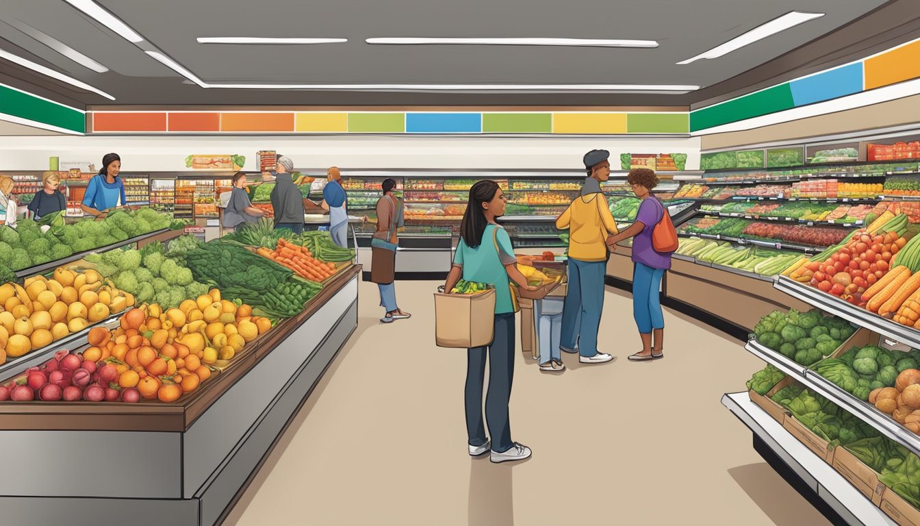 A bustling Safeway store with colorful produce and shelves stocked with groceries, as customers and employees interact in a warm, community-focused atmosphere