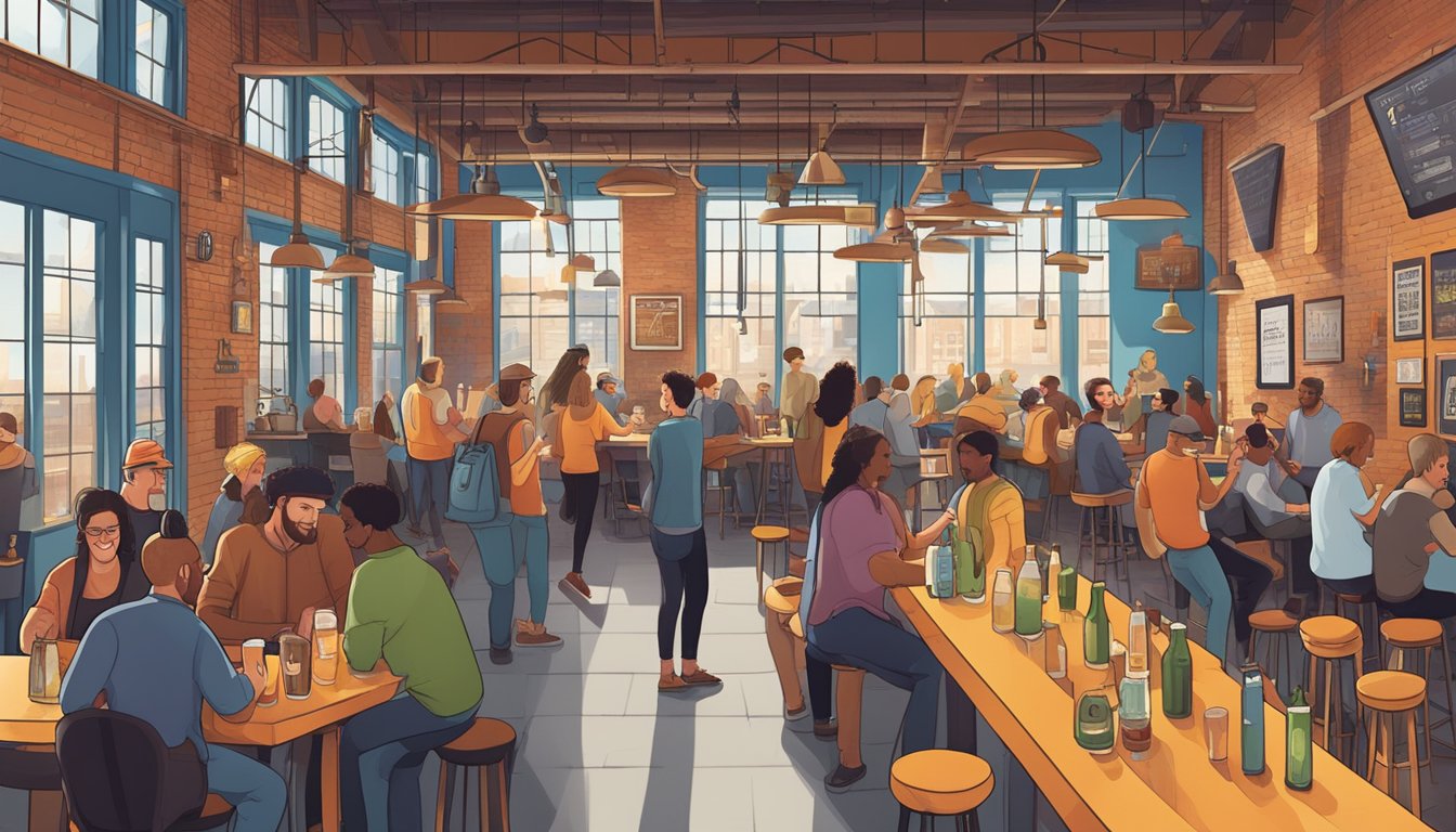 A bustling brewery scene with diverse patrons enjoying craft beer flights and socializing in a vibrant, industrial-chic taproom