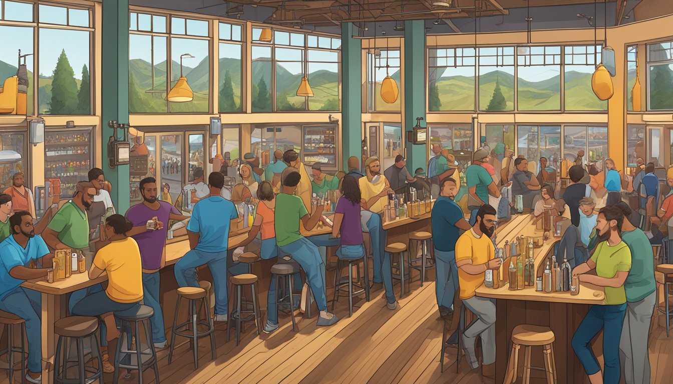 A bustling craft brewery scene in Vallejo, CA, with colorful tap handles, beer flights, and patrons socializing