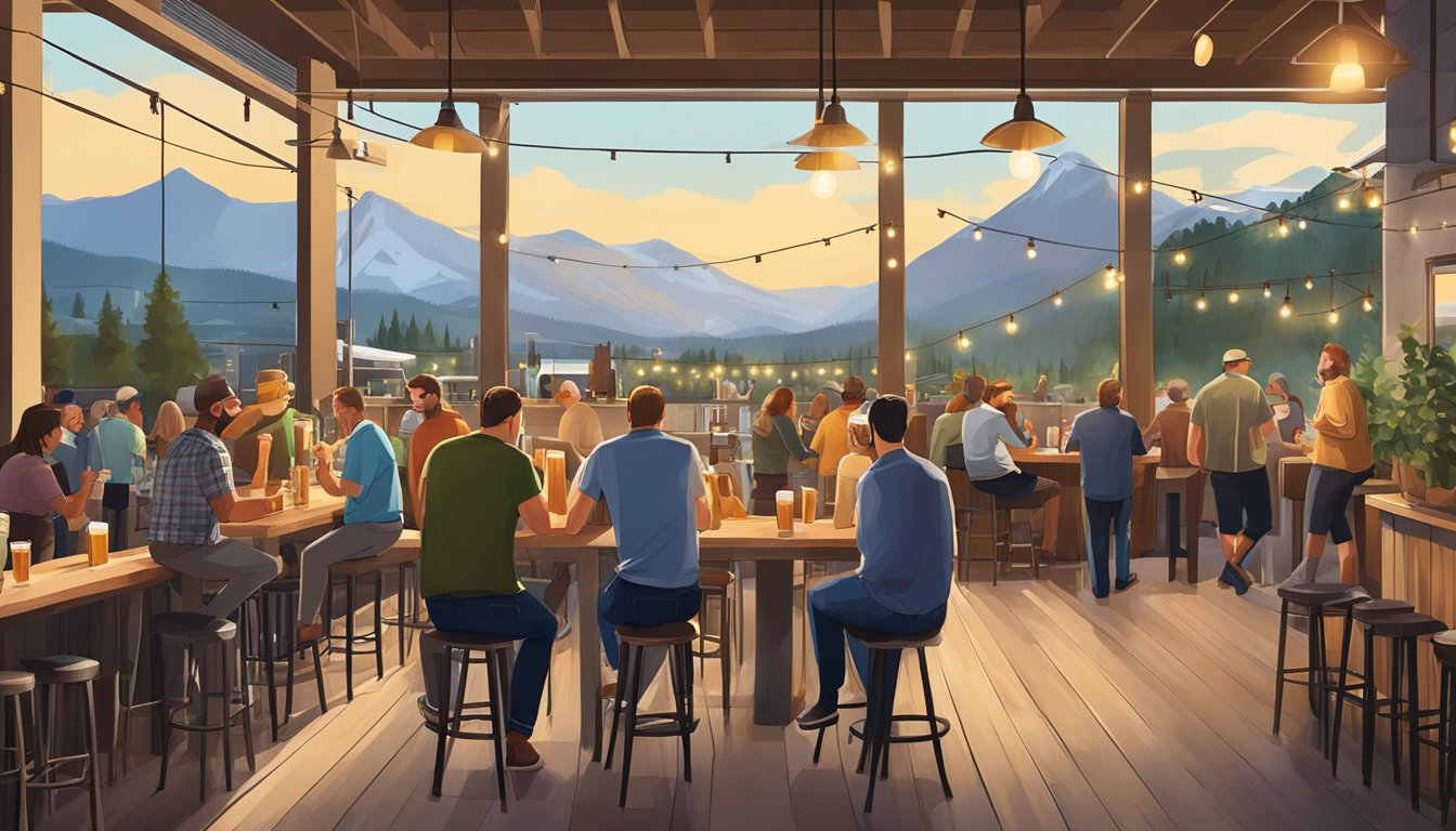 A bustling craft brewery scene in Lakewood, CO. Patrons sampling various beers in a lively taproom with industrial decor. Outdoor seating area with string lights and mountain views