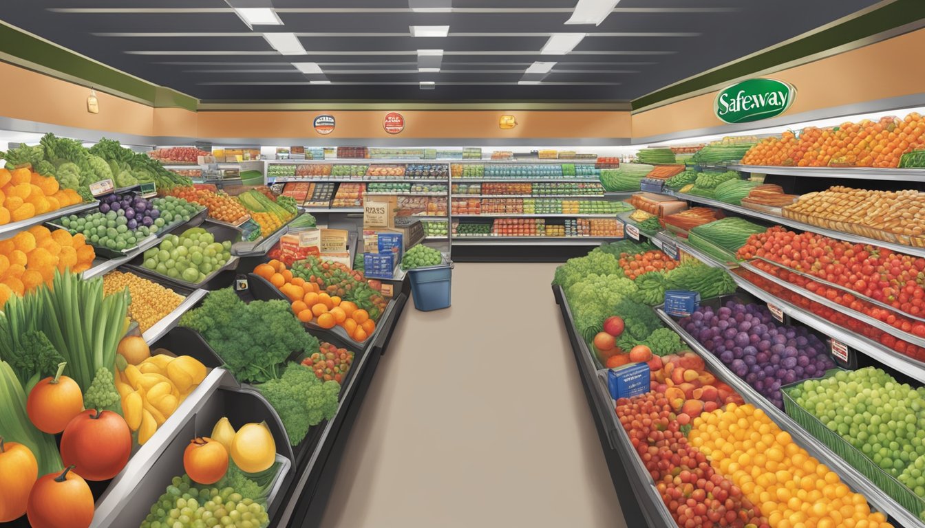 A bustling Safeway store with colorful produce, shelves stocked with groceries, and seasonal displays of holiday items