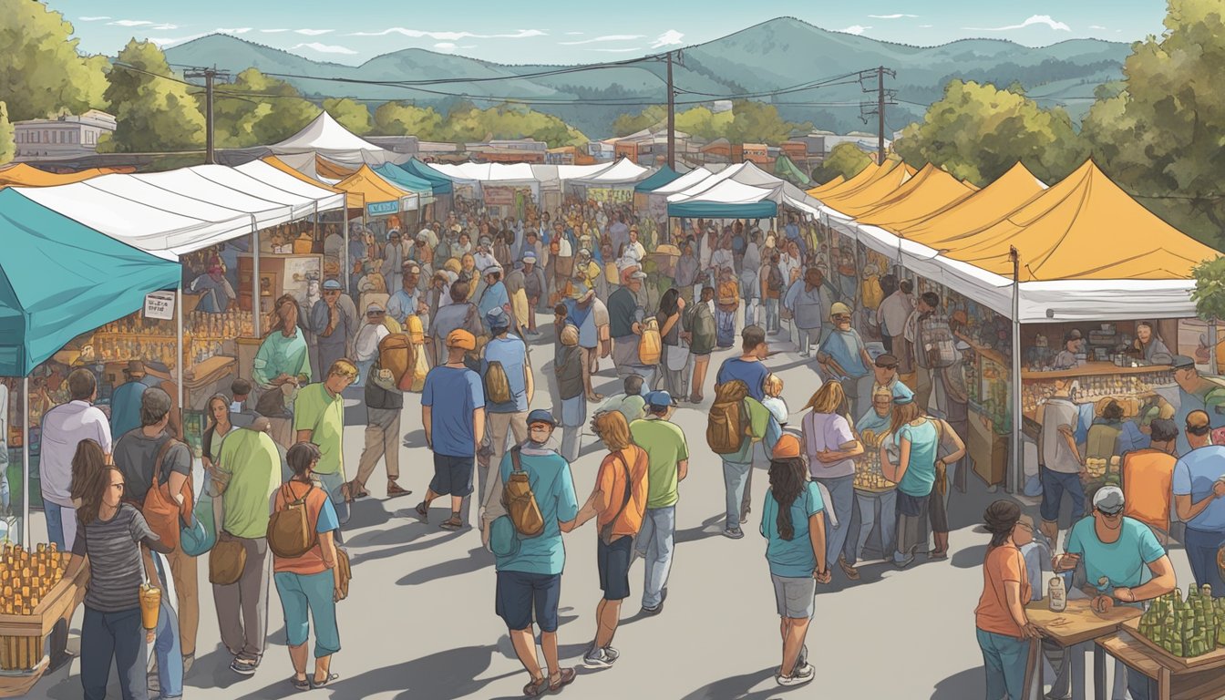 A bustling craft beer festival in Vallejo, CA, with rows of colorful vendor booths and lively patrons sampling local brews