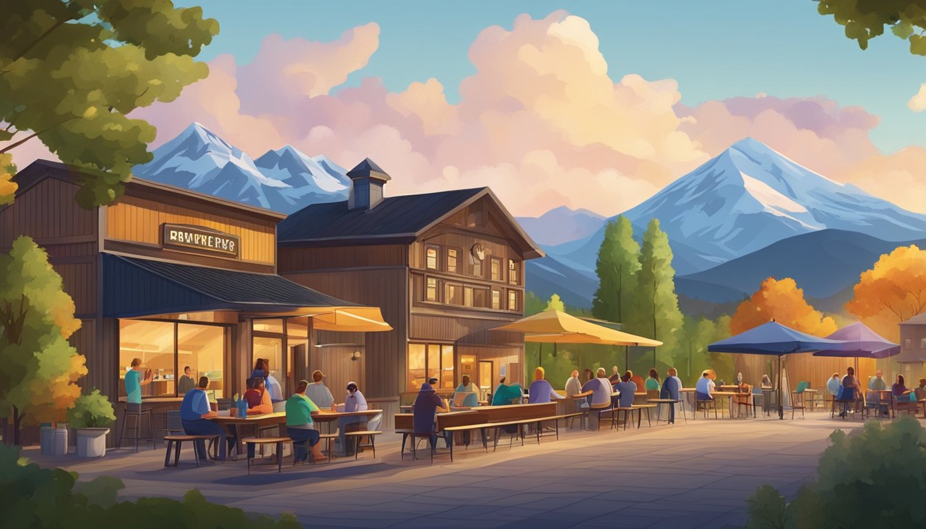 A group of colorful brewery buildings nestled among trees with a mountain backdrop. Outdoor seating and people enjoying craft beer