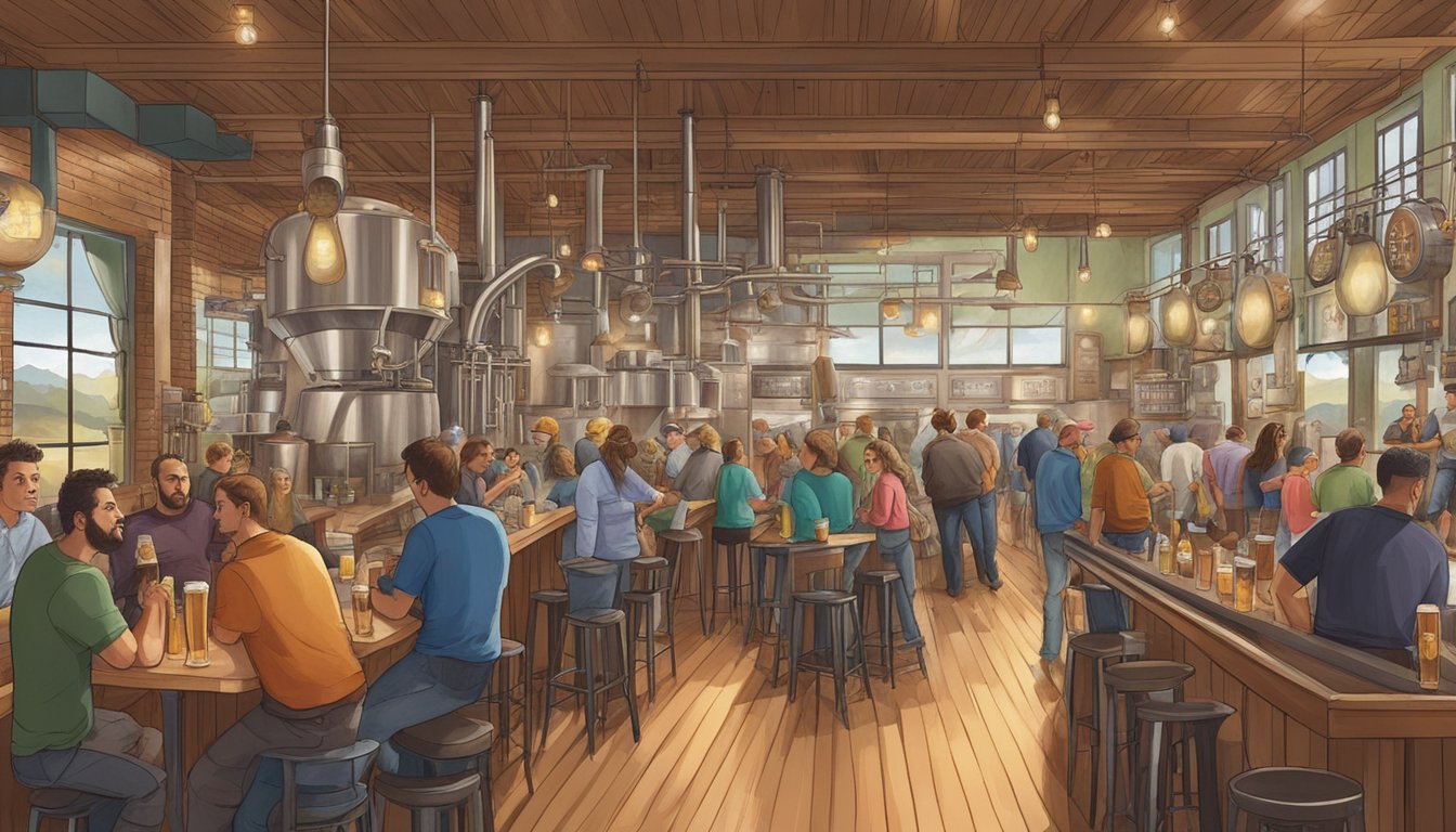 A bustling scene at a local brewery in Vallejo, CA, with people enjoying craft beer, lively conversations, and the brewery's unique decor