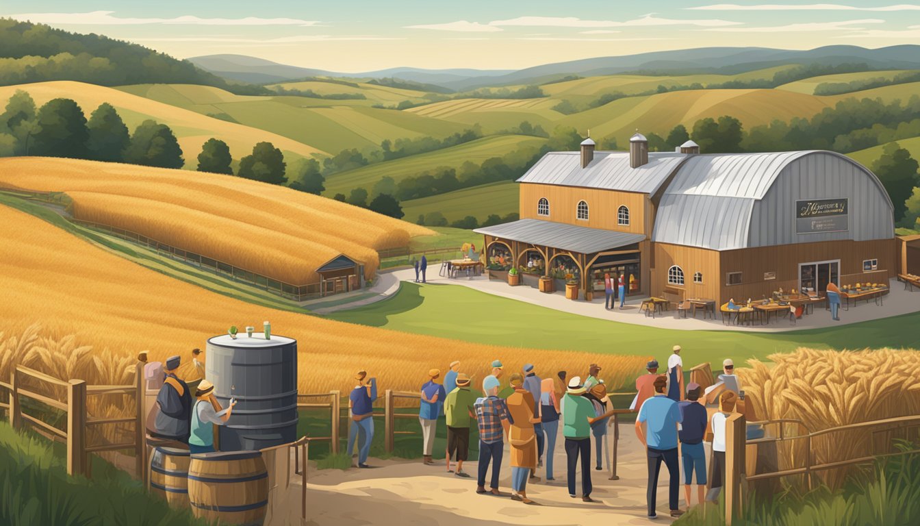 A bustling brewery with outdoor seating, surrounded by rolling hills and fields of barley. Visitors enjoy guided tours and tastings