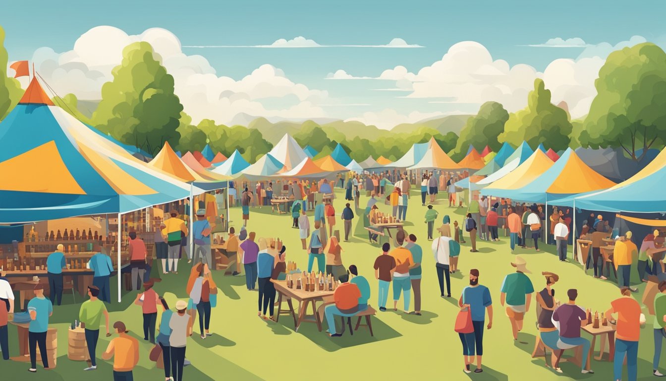 A bustling craft beer festival with rows of colorful tents and people sampling various brews in a lively outdoor setting