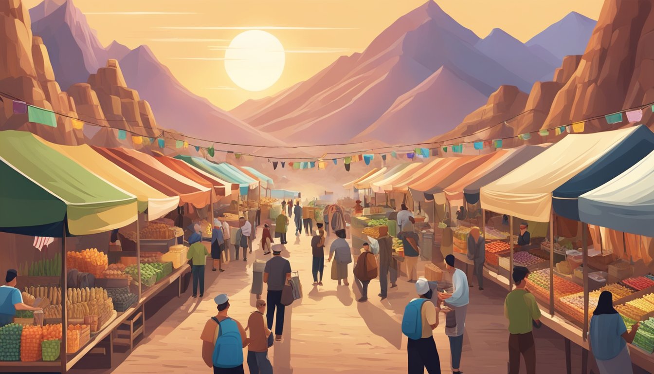 A bustling outdoor market with colorful banners and a variety of craft beer vendors, surrounded by mountains and desert landscape