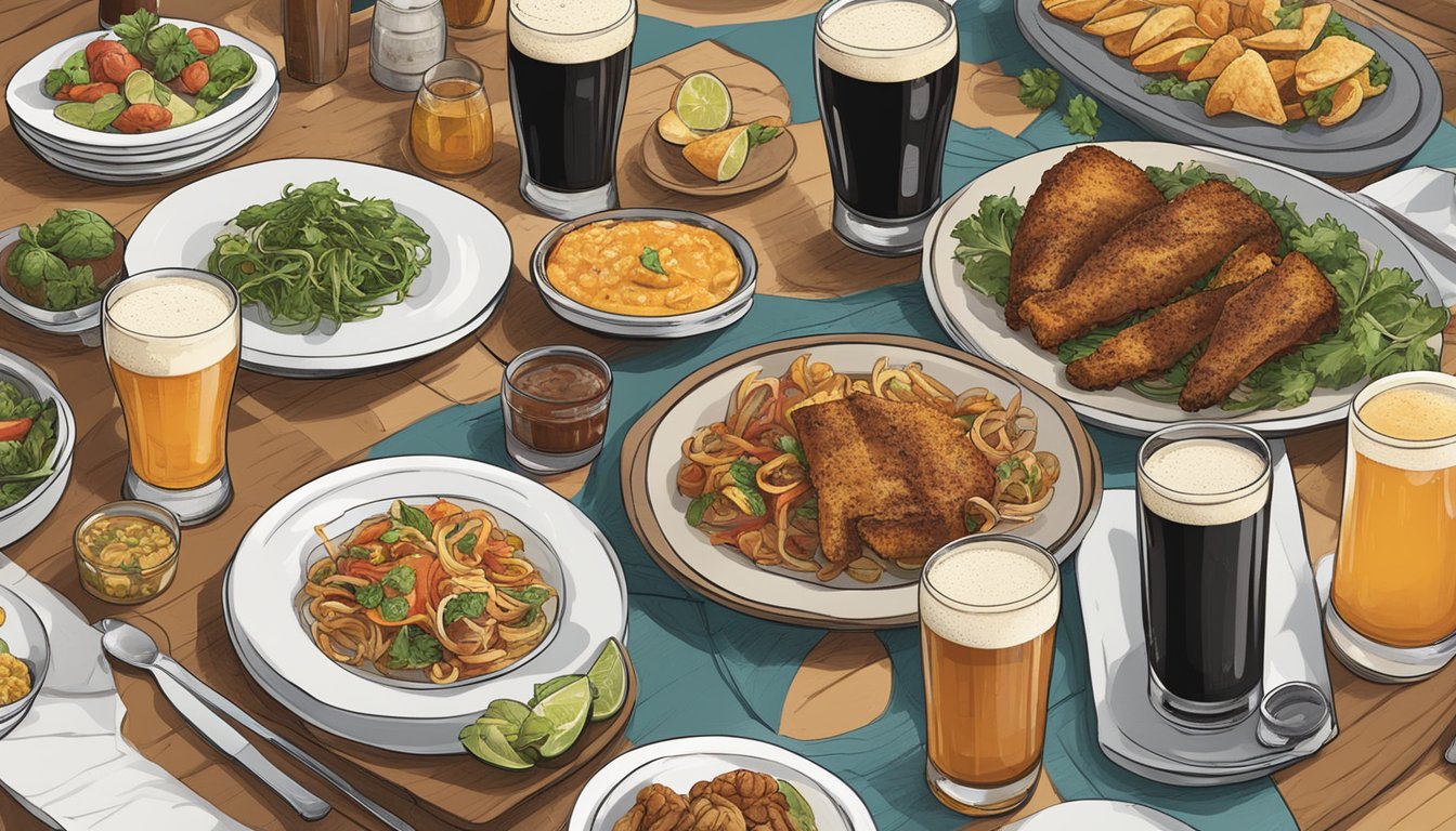 A table set with a variety of dishes, each paired with a different Lakewood craft beer. The beers are displayed in their respective glasses, alongside the food items