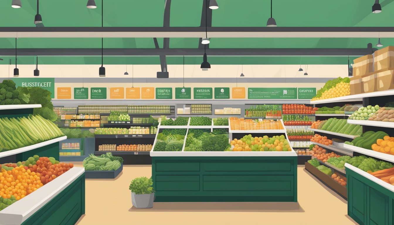 A bustling Whole Foods Market with shelves stocked with organic produce, artisanal products, and a wide variety of groceries. The store exudes a sense of health and sustainability