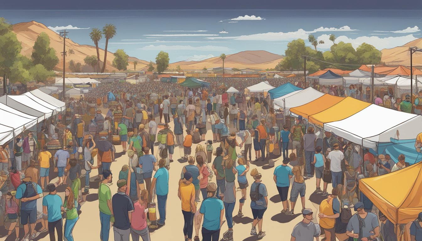 A bustling craft beer festival in Victorville, CA with rows of colorful beer taps, lively music, and enthusiastic patrons sampling different brews