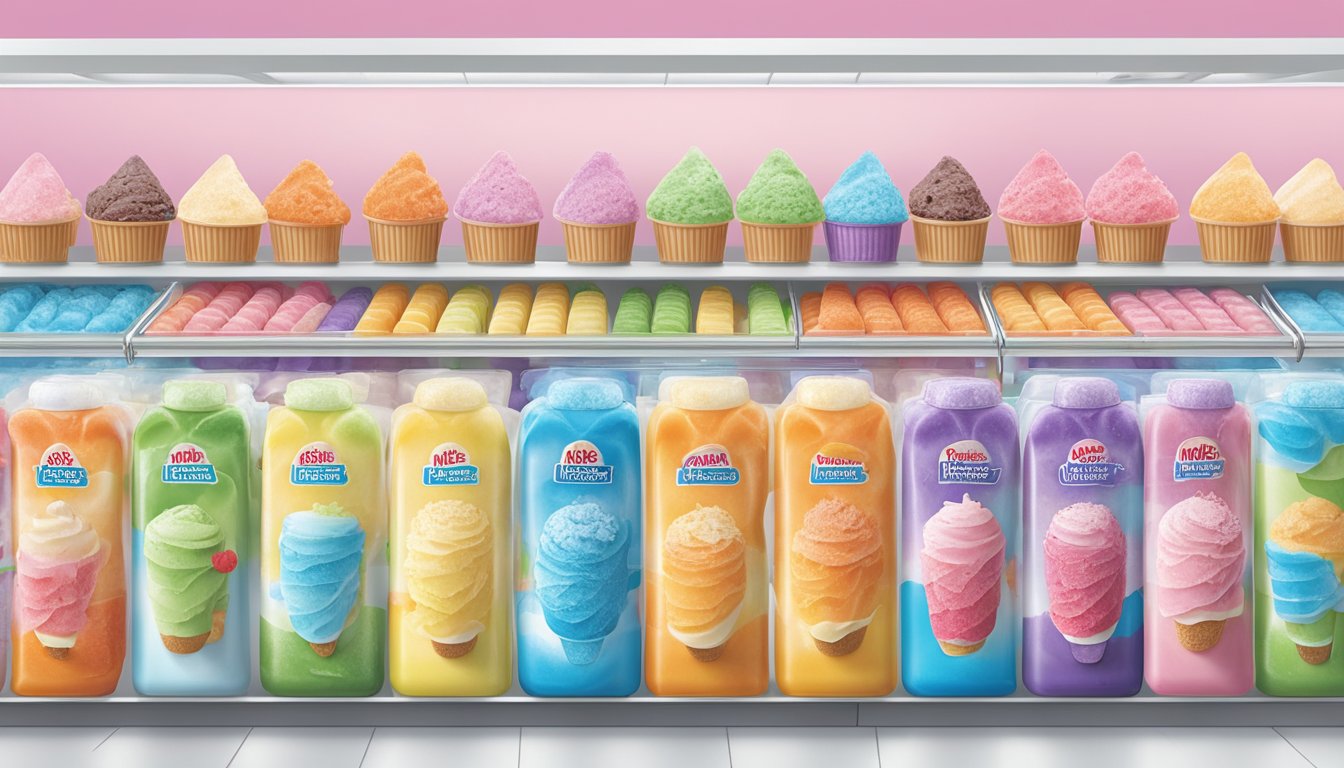 A colorful array of Meijer's frozen treats, including ice cream, popsicles, and sorbets, displayed in a freezer aisle