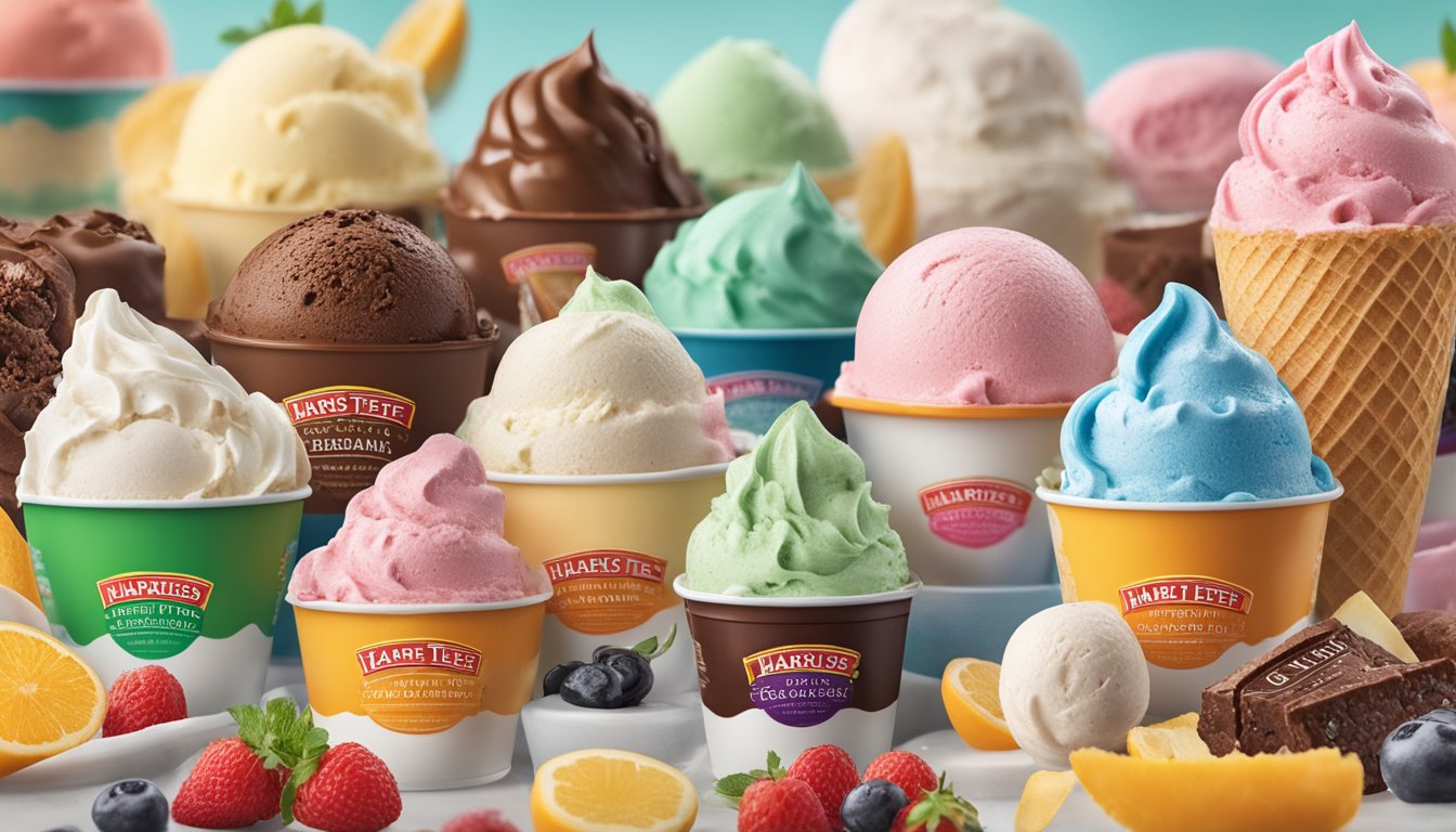 A colorful display of Harris Teeter's premium ice cream flavors, surrounded by fresh ingredients and toppings