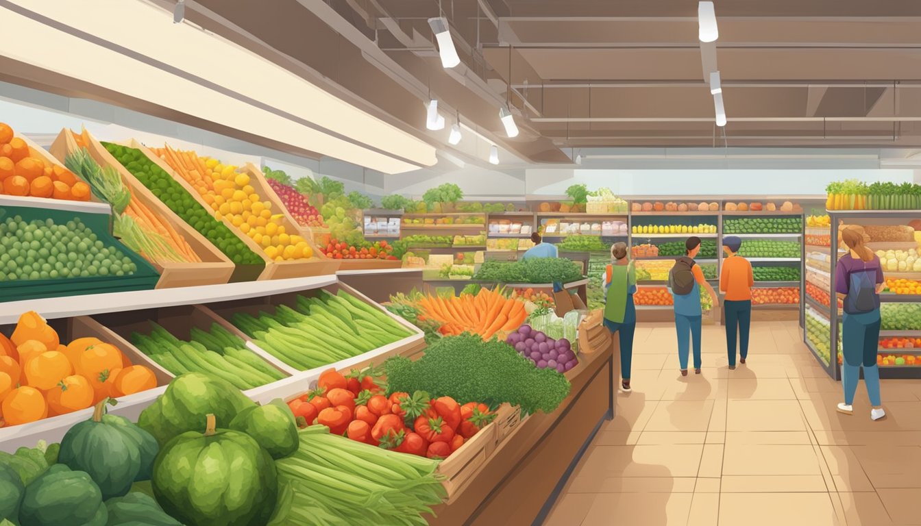 Fresh produce arranged in colorful displays, surrounded by shelves of organic goods and bulk bins. A bustling market with a focus on sustainability and healthy living