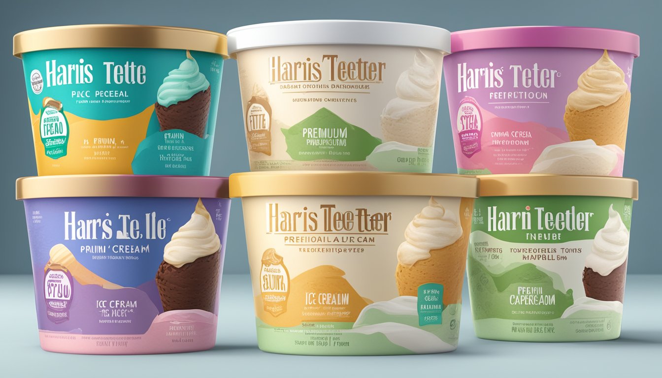 A colorful display of Harris Teeter's premium ice cream flavors with nutritional information labels