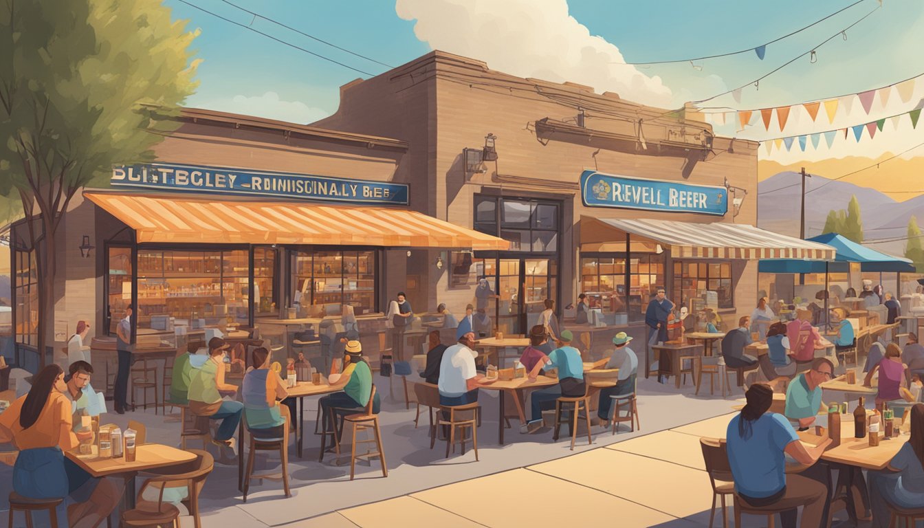 A bustling brewery scene with colorful signage, outdoor seating, and people enjoying craft beer in Victorville, CA