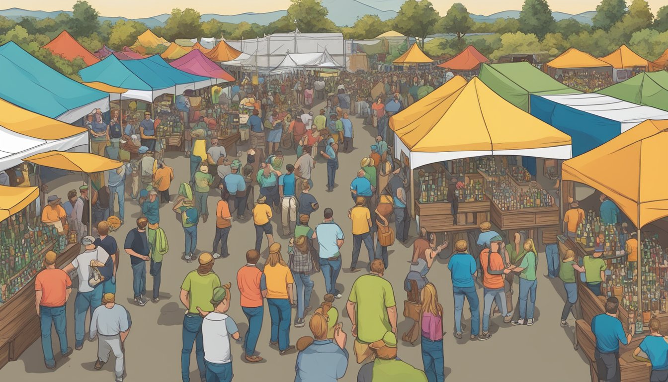 A bustling craft beer festival in Lakewood, CO, with a variety of local breweries showcasing their unique and colorful beer labels