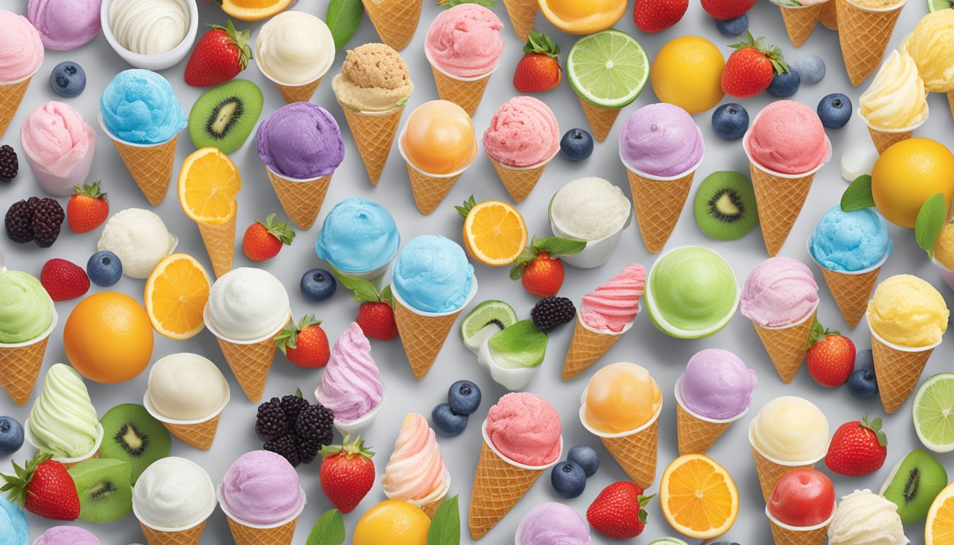 A colorful array of Meijer's ice cream flavors displayed on a chilled marble countertop, surrounded by fresh fruit and toppings