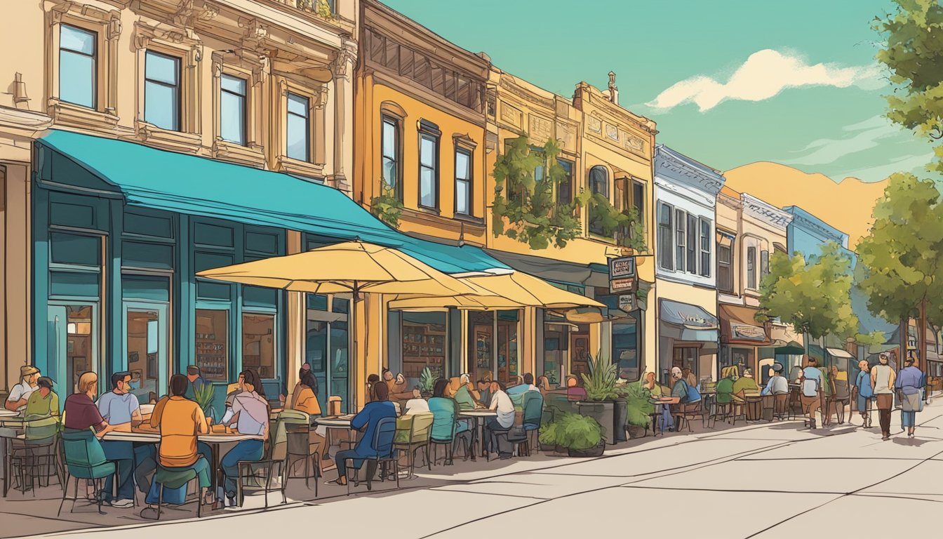 People enjoying craft beer at outdoor tables in downtown Visalia. Colorful storefronts line the street, with a mix of old and modern architecture