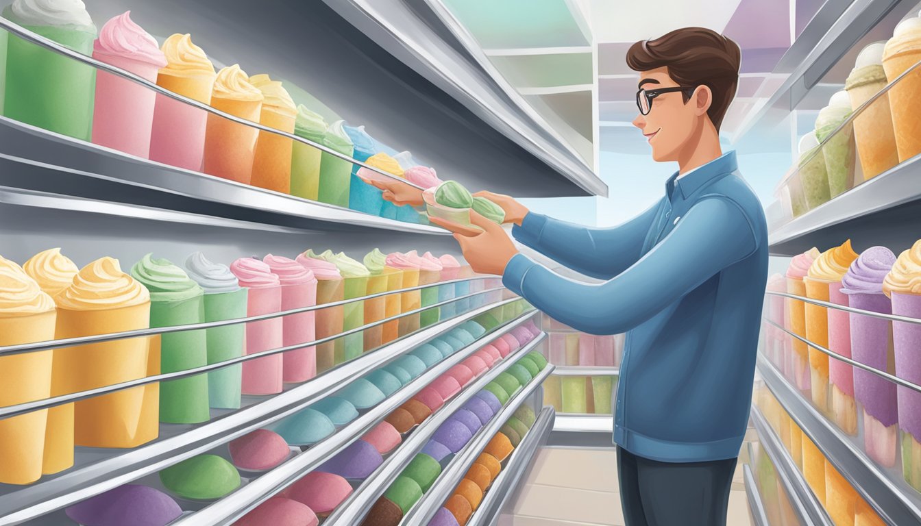 A person selects from a variety of Harris Teeter's premium ice cream flavors displayed in a freezer case