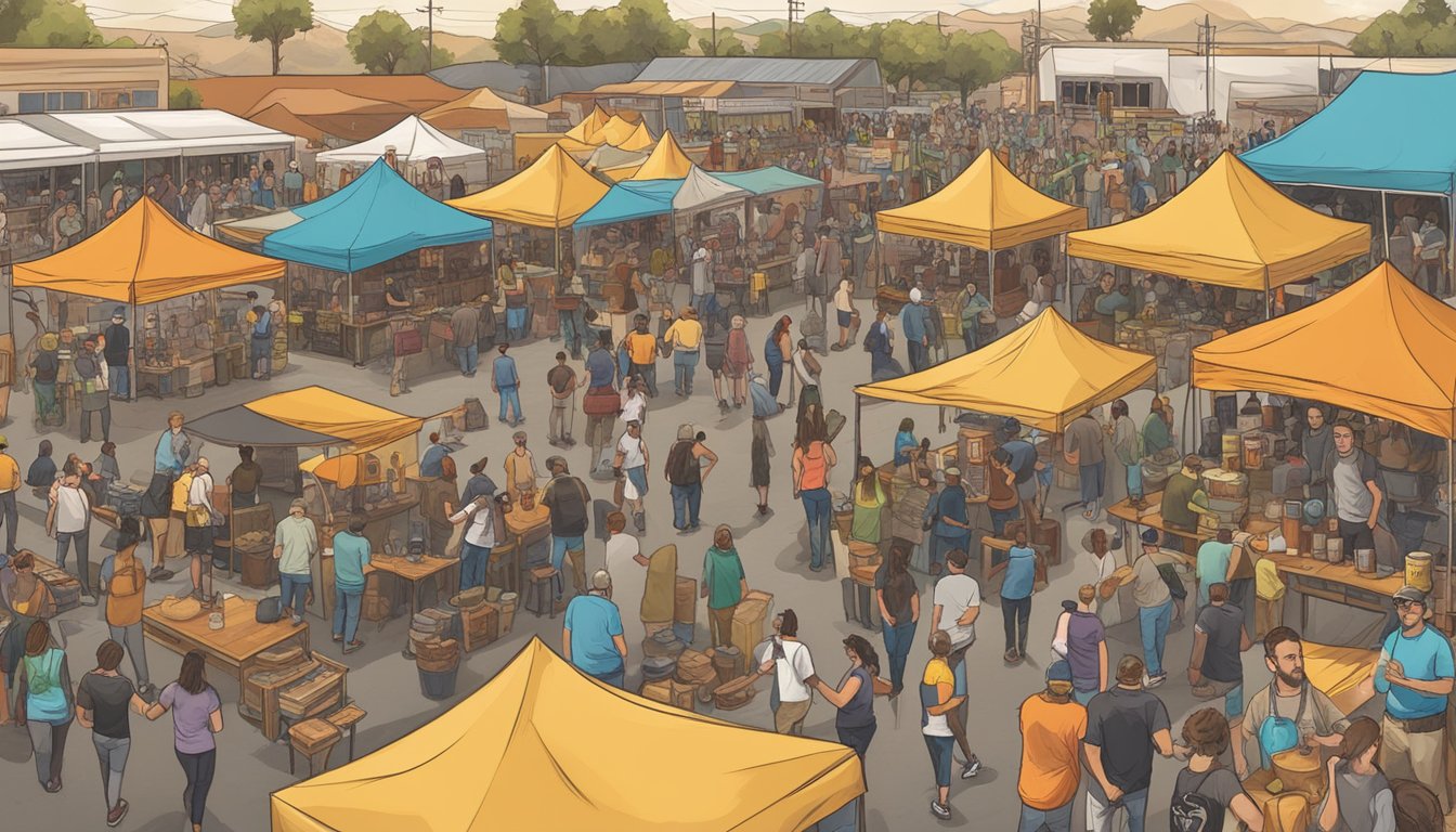 A bustling craft beer festival in Victorville, CA, with vendors showcasing their unique brews and locals enjoying the lively atmosphere