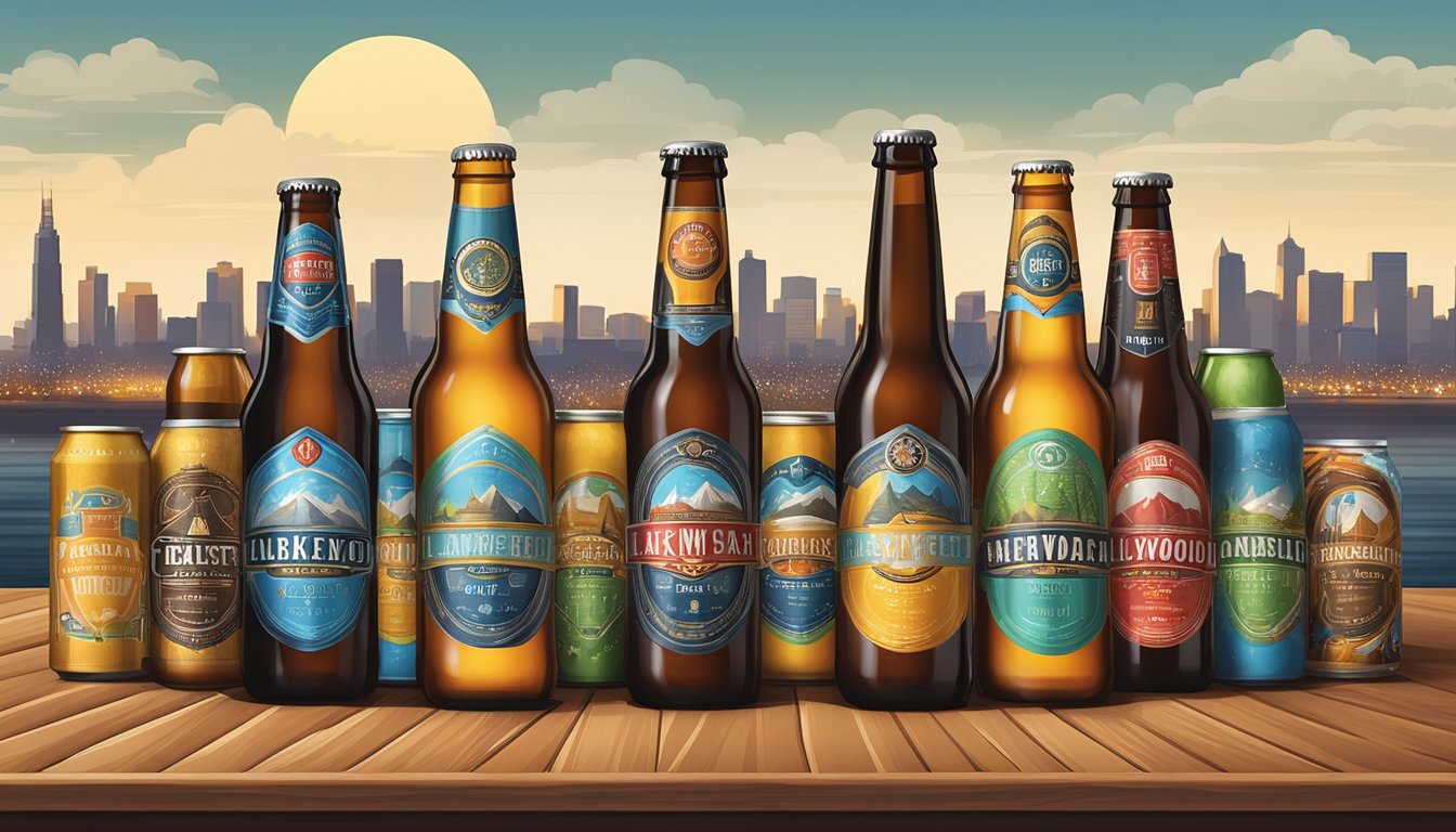 A group of diverse craft beer bottles and cans arranged on a wooden table, with a backdrop of the Lakewood, CO skyline