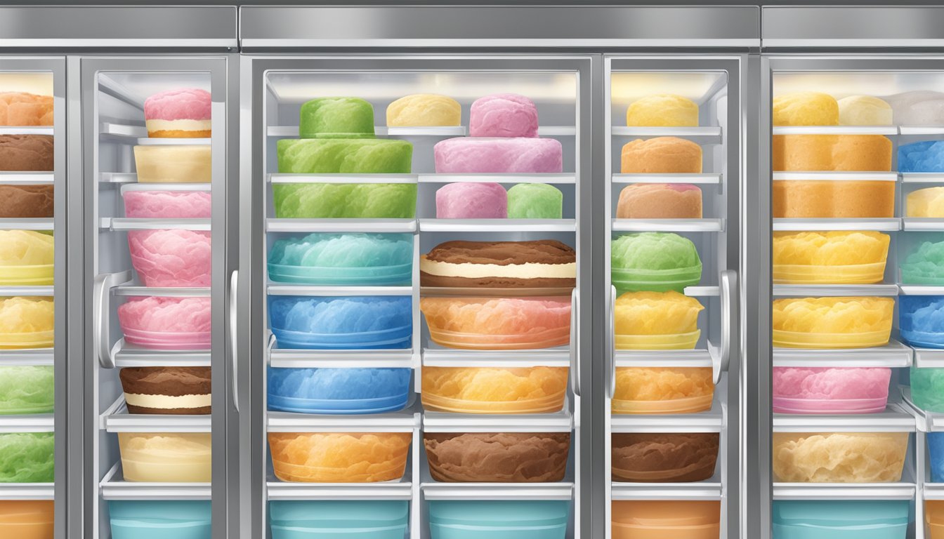 A colorful display of various Meijer ice cream flavors in a freezer section at the grocery store