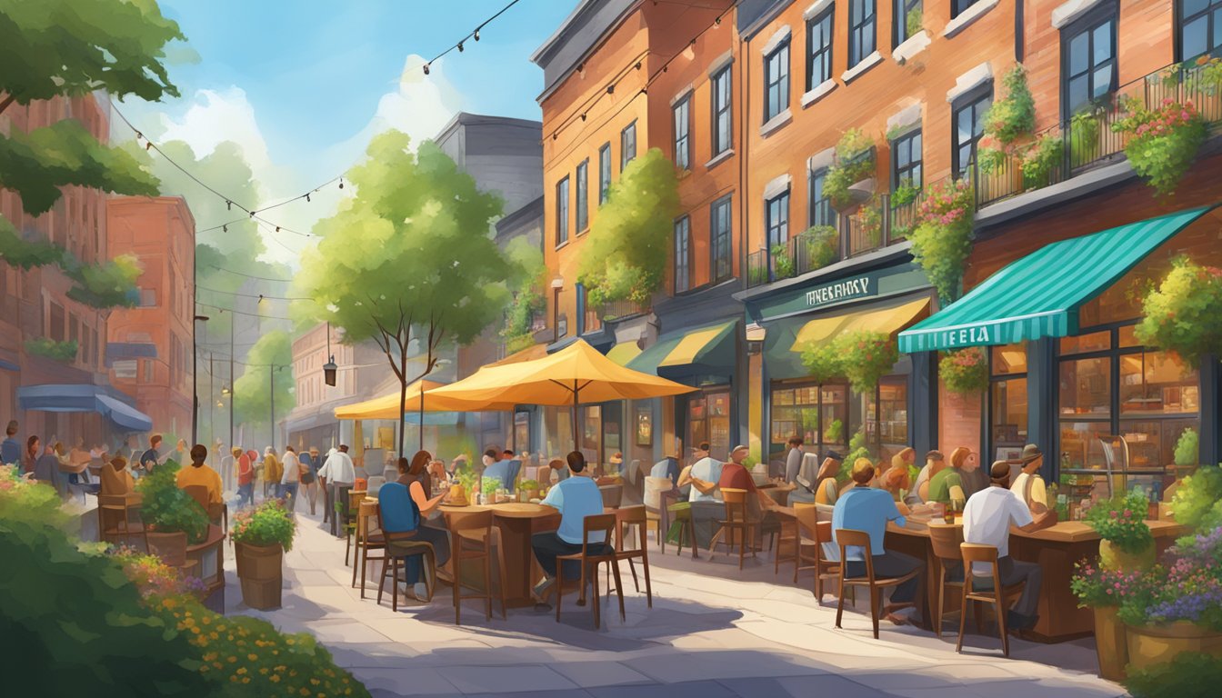 A bustling brewery district with colorful storefronts and outdoor seating, surrounded by lush greenery and a lively atmosphere