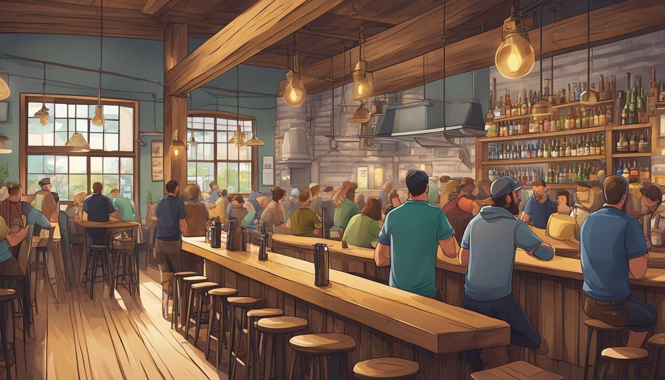 A bustling taproom with a variety of craft beer taps, surrounded by rustic wooden tables and lively conversation