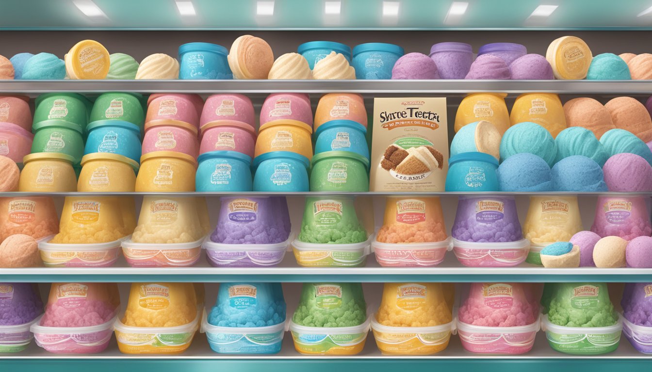 A display case filled with various flavors of Harris Teeter's premium ice cream, neatly arranged and surrounded by colorful packaging